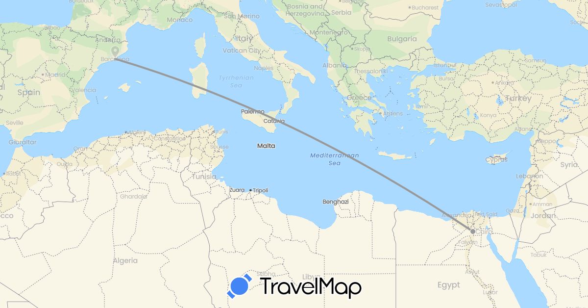 TravelMap itinerary: driving, plane in Egypt, Spain (Africa, Europe)